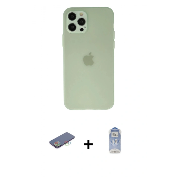 MARSİLYAN™- iPhone 12 Pro Max Kılıf Atlas Minimal Prime - Siyah Joko Magic 5D Cam + Mavi Renkli Kamera Lens Koruma Cam