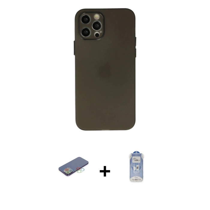 MARSİLYAN™- iPhone 12 Pro Max Kılıf Atlas Minimal Prime - Siyah Joko Magic 5D Cam + Mavi Renkli Kamera Lens Koruma Cam