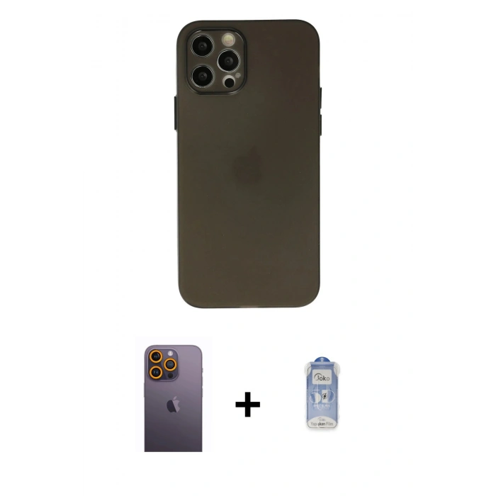 MARSİLYAN™- iPhone 12 Pro Max Kılıf Atlas Minimal Prime - Siyah Joko Magic 5D Cam + Neon Fosforlu Kamera Lens - SI