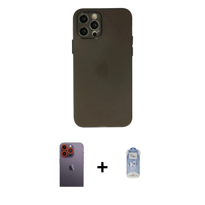 MARSİLYAN™- iPhone 12 Pro Max Kılıf Atlas Minimal Prime - Siyah Joko Magic 5D Cam + Neon Fosforlu Kamera Lens - TU