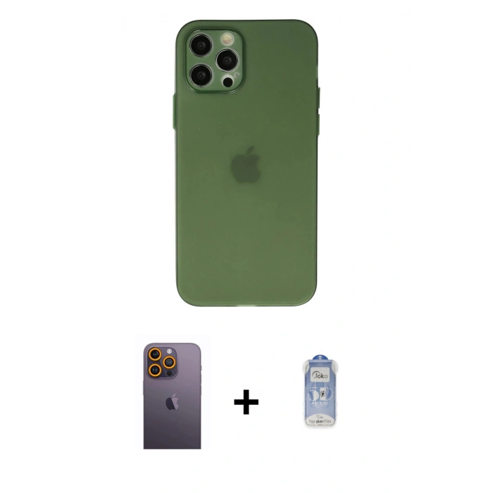MARSİLYAN™- iPhone 12 Pro Max Kılıf Atlas Minimal Prime - Siyah Joko Magic 5D Cam + Neon Fosforlu Kamera Lens - SI