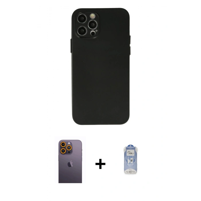 MARSİLYAN™- iPhone 12 Pro Max Kılıf Atlas Minimal Prime - Siyah Joko Magic 5D Cam + Neon Fosforlu Kamera Lens - SI