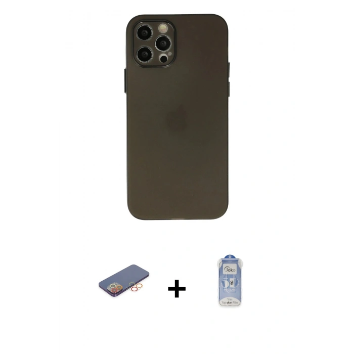 MARSİLYAN™- iPhone 12 Pro Max Kılıf Atlas Minimal Prime - Siyah Joko Magic 5D Cam + Renkli Kamera Lens Koruma Cam - TU