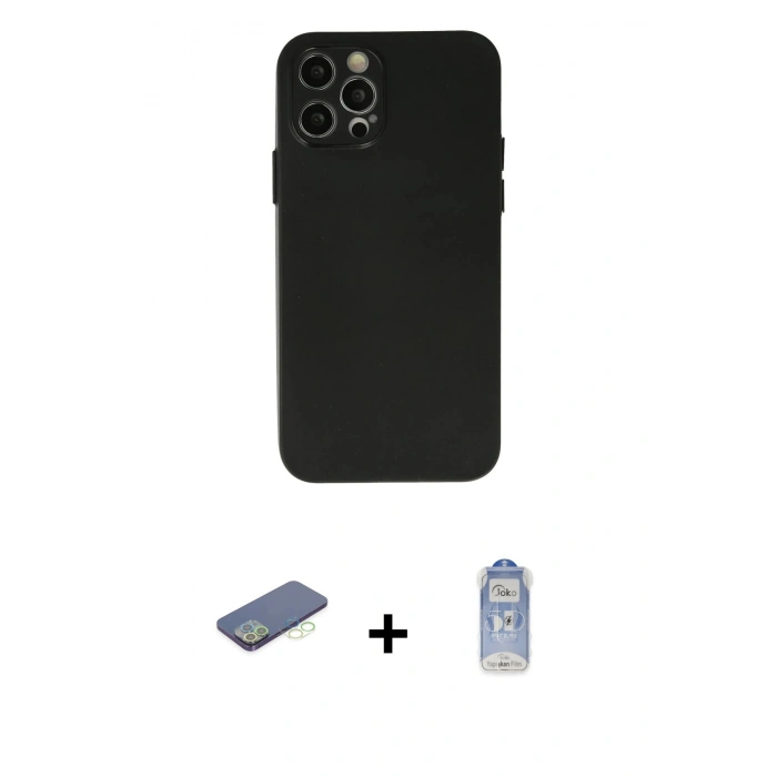 MARSİLYAN™- iPhone 12 Pro Max Kılıf Atlas Minimal Prime - Siyah Joko Magic 5D Cam + Renkli Kamera Lens Koruma Cam - YL