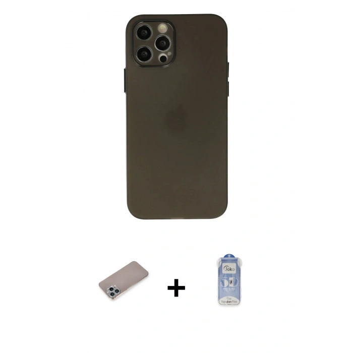 MARSİLYAN™- iPhone 12 Pro Max Kılıf Atlas Minimal Prime - Siyah Joko Magic 5D Cam + Sierra Blue Shine Kamera Lens Koruma Cam