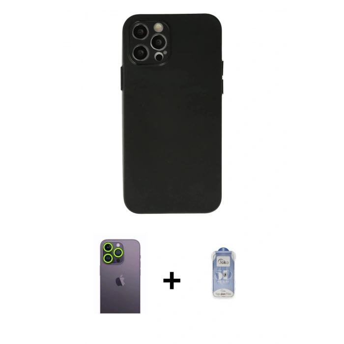 MARSİLYAN™- iPhone 12 Pro Max Kılıf Atlas Minimal Prime - Siyah Joko Magic 5D Cam + Neon Fosforlu Kamera Lens - YL