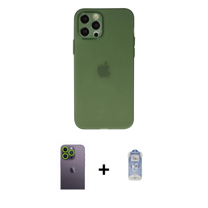 MARSİLYAN™- iPhone 12 Pro Max Kılıf Atlas Minimal Prime - Siyah Joko Magic 5D Cam + Neon Fosforlu Kamera Lens - YL