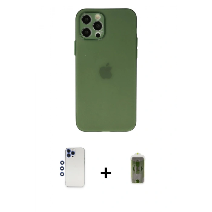 MARSİLYAN™- iPhone 12 Pro Max Kılıf Atlas Minimal Prime - Siyah Joko Magic 5D Hayalet Cam + Lacivert Shine Kamera Lens