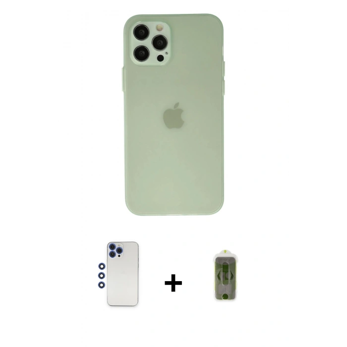 MARSİLYAN™- iPhone 12 Pro Max Kılıf Atlas Minimal Prime - Siyah Joko Magic 5D Hayalet Cam + Lacivert Shine Kamera Lens