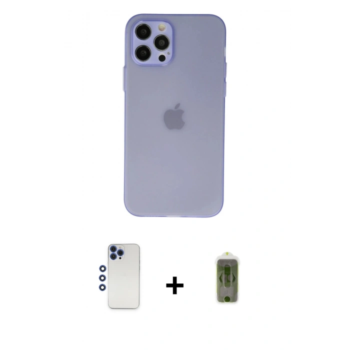 MARSİLYAN™- iPhone 12 Pro Max Kılıf Atlas Minimal Prime - Siyah Joko Magic 5D Hayalet Cam + Lacivert Shine Kamera Lens