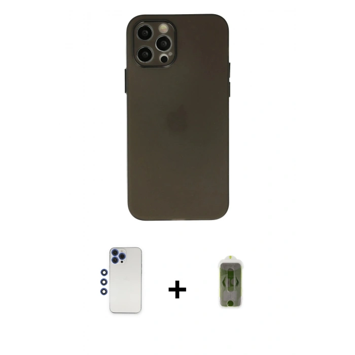 MARSİLYAN™- iPhone 12 Pro Max Kılıf Atlas Minimal Prime - Siyah Joko Magic 5D Hayalet Cam + Lacivert Shine Kamera Lens