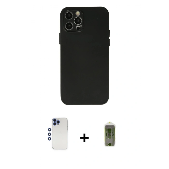 MARSİLYAN™- iPhone 12 Pro Max Kılıf Atlas Minimal Prime - Siyah Joko Magic 5D Hayalet Cam + Lacivert Shine Kamera Lens