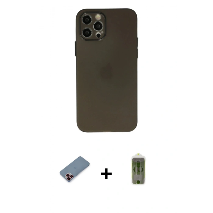 MARSİLYAN™- iPhone 12 Pro Max Kılıf Atlas Minimal Prime - Siyah Joko Magic 5D Hayalet Cam + Metal Kamera Lens Koruma Cam - KI