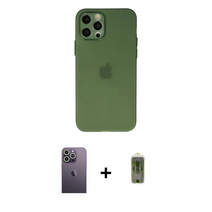 MARSİLYAN™- iPhone 12 Pro Max Kılıf Atlas Minimal Prime - Siyah Joko Magic 5D Hayalet Cam + Neon Fosforlu Kamera Lens - BZ