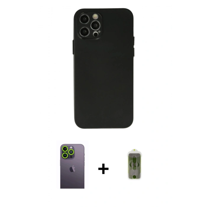 MARSİLYAN™- iPhone 12 Pro Max Kılıf Atlas Minimal Prime - Siyah Joko Magic 5D Hayalet Cam + Neon Fosforlu Kamera Lens - YL