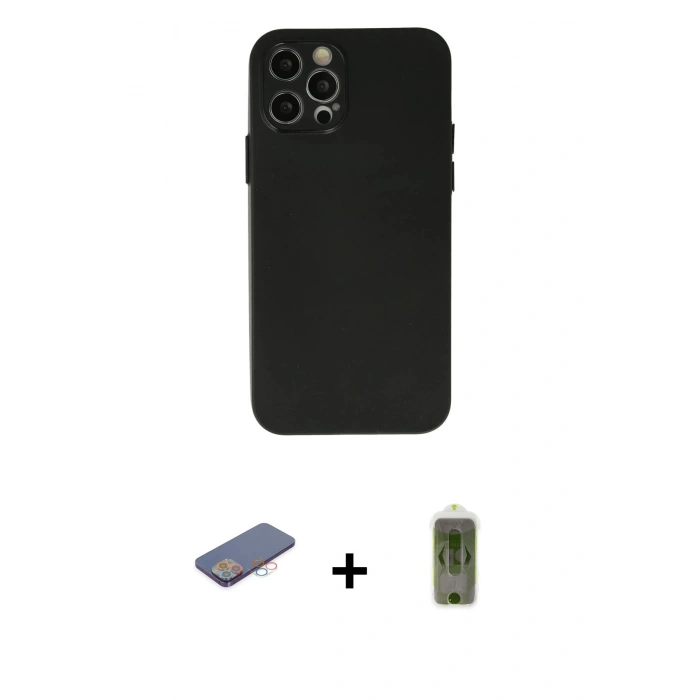 MARSİLYAN™- iPhone 12 Pro Max Kılıf Atlas Minimal Prime - Siyah Joko Magic 5D Hayalet Cam + Renkli Kamera Lens Koruma Cam - PE