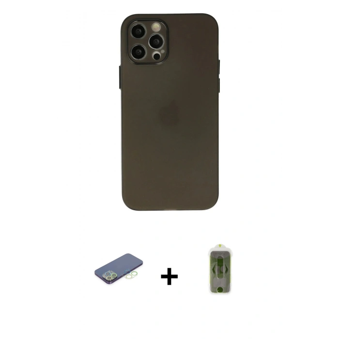 MARSİLYAN™- iPhone 12 Pro Max Kılıf Atlas Minimal Prime - Siyah Joko Magic 5D Hayalet Cam + Renkli Kamera Lens Koruma Cam - YL