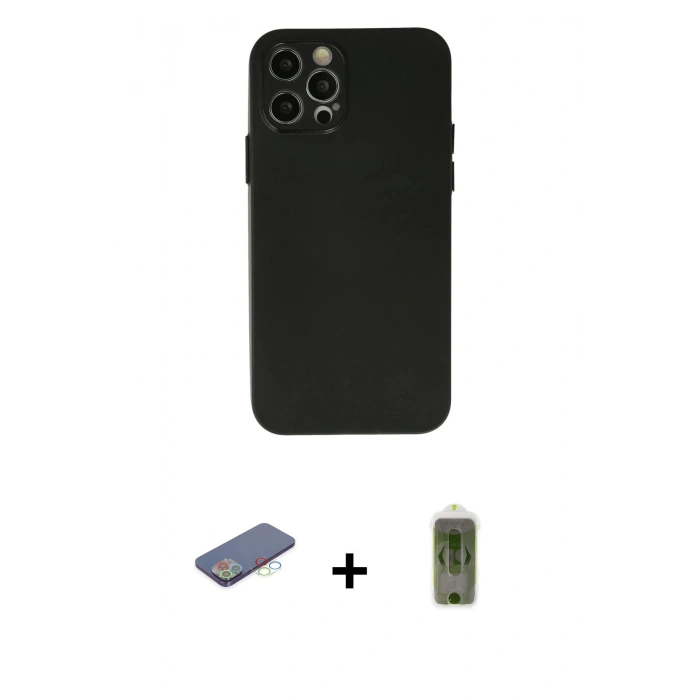 MARSİLYAN™- iPhone 12 Pro Max Kılıf Atlas Minimal Prime - Siyah Joko Magic 5D Hayalet Cam + Renkli Kamera Lens Koruma Cam - MI