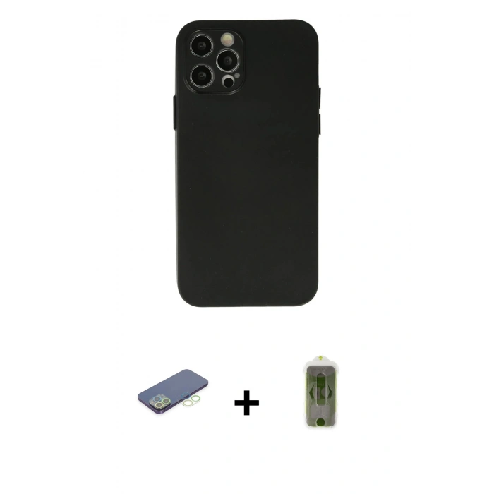 MARSİLYAN™- iPhone 12 Pro Max Kılıf Atlas Minimal Prime - Siyah Joko Magic 5D Hayalet Cam + Renkli Kamera Lens Koruma Cam - YL
