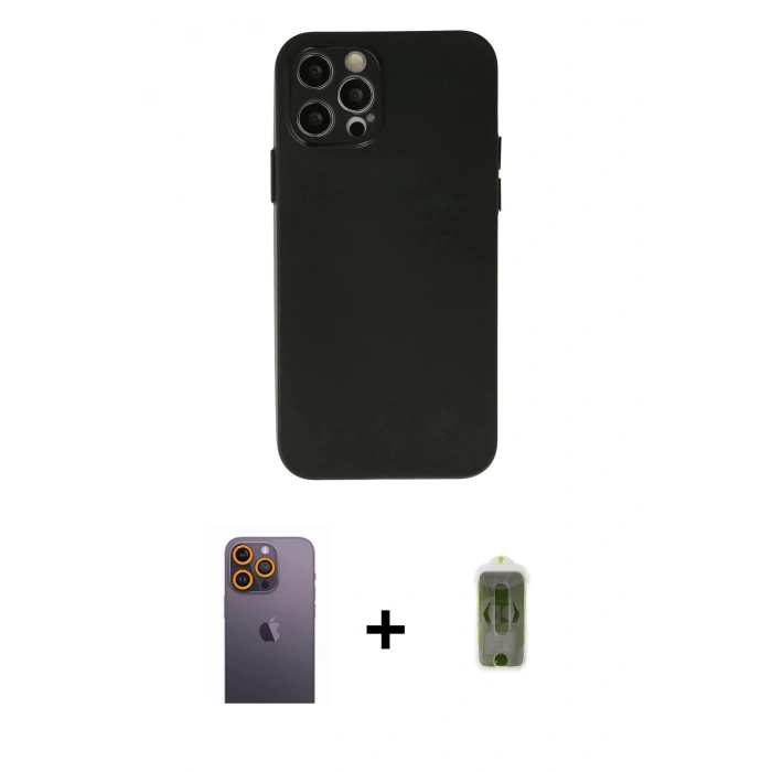 MARSİLYAN™- iPhone 12 Pro Max Kılıf Atlas Minimal Prime - Siyah Joko Magic 5D Hayalet Cam + Sarı Neon Fosforlu Kamera Lens