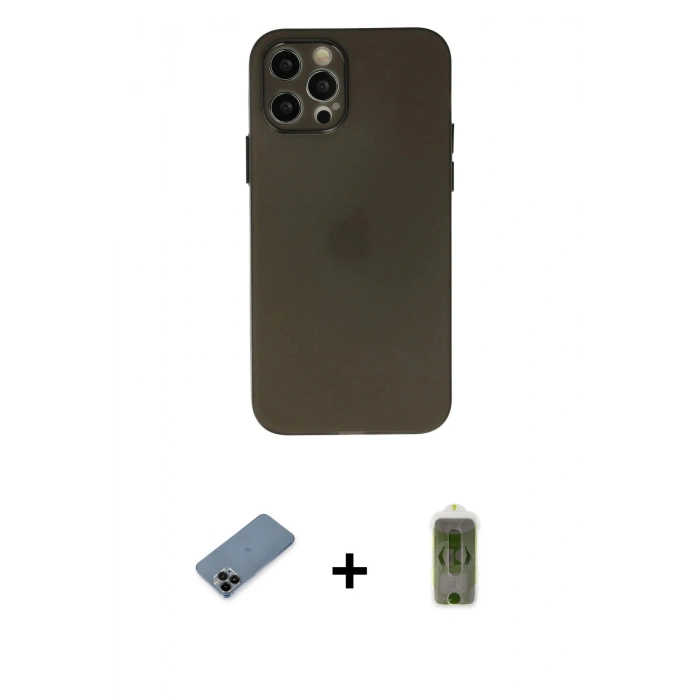 MARSİLYAN™- iPhone 12 Pro Max Kılıf Atlas Minimal Prime - Siyah Joko Magic 5D Hayalet Cam + Shine Kamera Lens Koruma Cam - SH