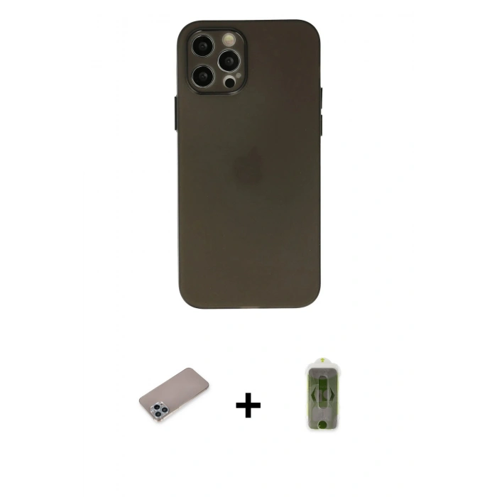 MARSİLYAN™- iPhone 12 Pro Max Kılıf Atlas Minimal Prime - Siyah Joko Magic 5D Hayalet Cam + Shine Kamera Lens Koruma Cam - SABE
