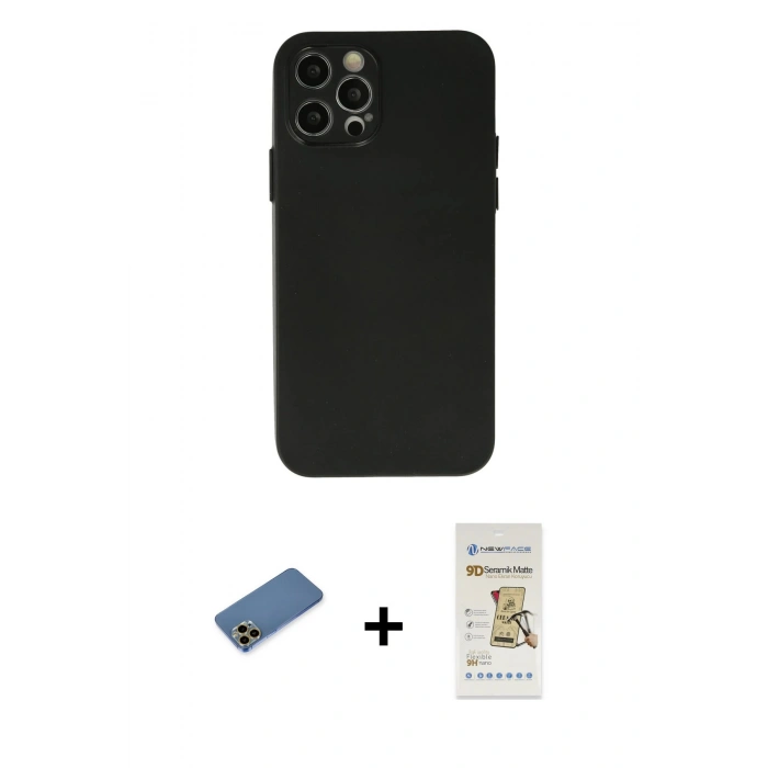 MARSİLYAN™- iPhone 12 Pro Max Kılıf Atlas Minimal Prime - Siyah Mat Seramik Nano Ekran Koruyucu + Shine Kamera Lens Koruma Cam - GD