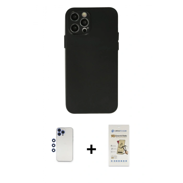 MARSİLYAN™- iPhone 12 Pro Max Kılıf Atlas Minimal Prime - Siyah Mat Seramik Nano Ekran Koruyucu + Shine Kamera Lens - LT