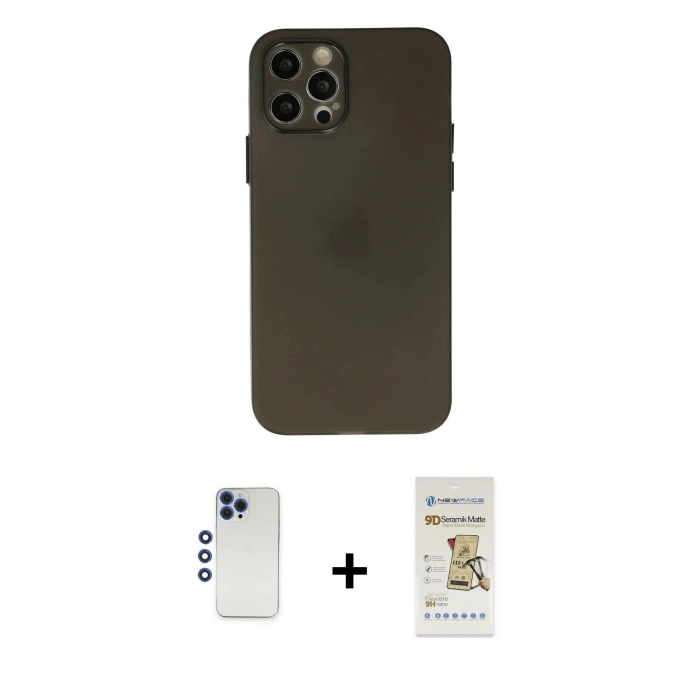 MARSİLYAN™- iPhone 12 Pro Max Kılıf Atlas Minimal Prime - Siyah Mat Seramik Nano Ekran Koruyucu + Shine Kamera Lens - LT