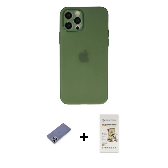 MARSİLYAN™- iPhone 12 Pro Max Kılıf Atlas Minimal Prime - Siyah Mat Seramik Nano Ekran Koruyucu + Metal Kamera Lens Koruma Cam - GD