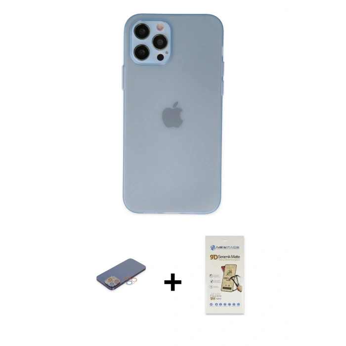 MARSİLYAN™- iPhone 12 Pro Max Kılıf Atlas Minimal Prime - Siyah Mat Seramik Nano Ekran Koruyucu + Renkli Kamera Lens Koruma Cam - PE