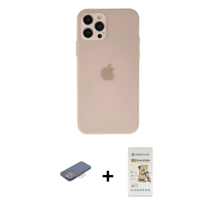 MARSİLYAN™- iPhone 12 Pro Max Kılıf Atlas Minimal Prime - Siyah Mat Seramik Nano Ekran Koruyucu + Renkli Kamera Lens Koruma Cam - PE