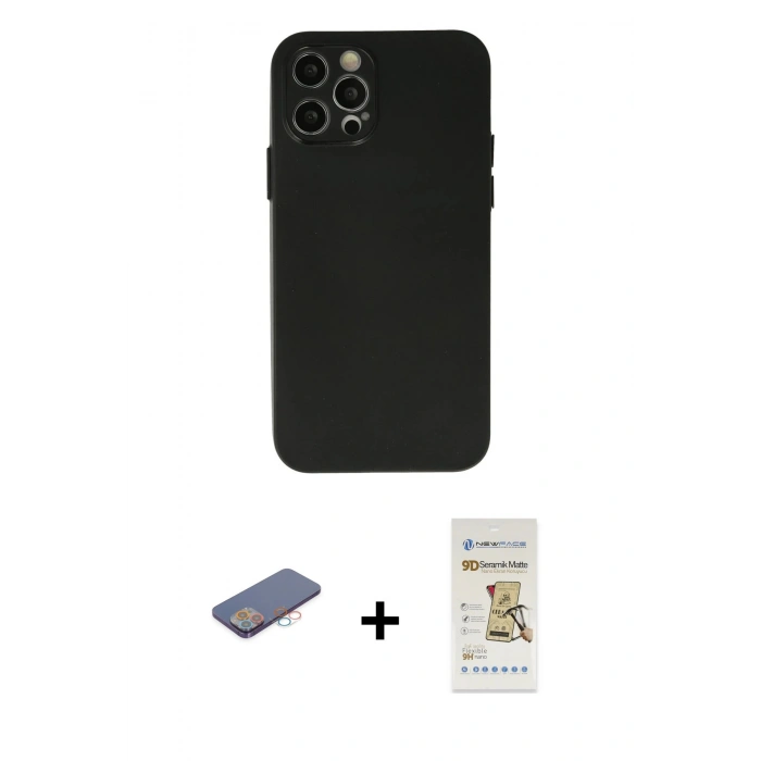 MARSİLYAN™- iPhone 12 Pro Max Kılıf Atlas Minimal Prime - Siyah Mat Seramik Nano Ekran Koruyucu + Renkli Kamera Lens Koruma Cam - PE