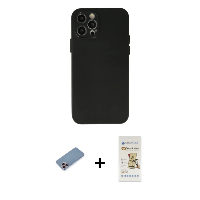 MARSİLYAN™- iPhone 12 Pro Max Kılıf Atlas Minimal Prime - Siyah Mat Seramik Nano Ekran Koruyucu + Shine Kamera Lens Koruma Cam - PE