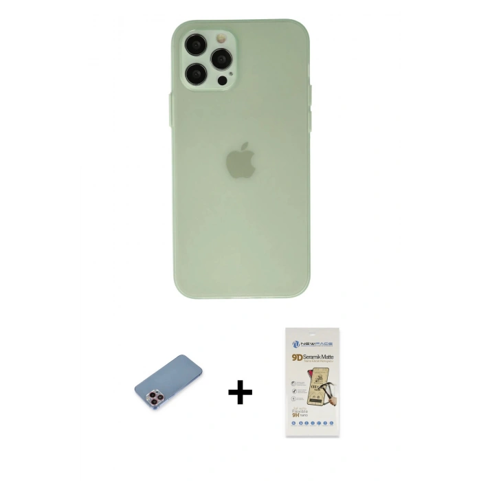 MARSİLYAN™- iPhone 12 Pro Max Kılıf Atlas Minimal Prime - Siyah Mat Seramik Nano Ekran Koruyucu + Shine Kamera Lens Koruma Cam - PE