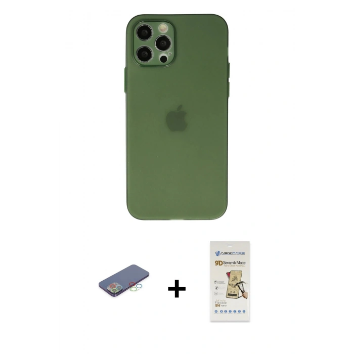MARSİLYAN™- iPhone 12 Pro Max Kılıf Atlas Minimal Prime - Siyah Mat Seramik Nano Ekran Koruyucu + Renkli Kamera Lens Koruma Cam - MI