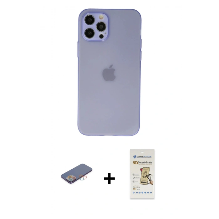 MARSİLYAN™- iPhone 12 Pro Max Kılıf Atlas Minimal Prime - Siyah Mat Seramik Nano Ekran Koruyucu + Renkli Kamera Lens Koruma Cam - PE