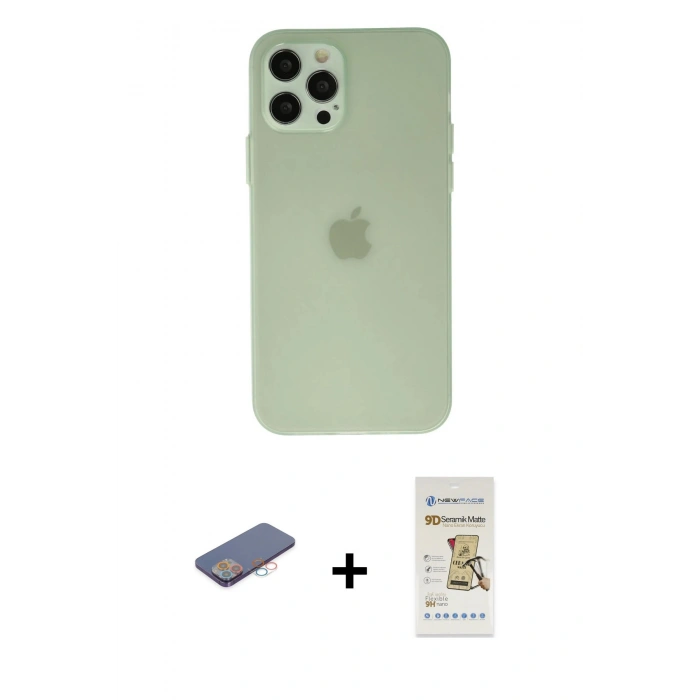 MARSİLYAN™- iPhone 12 Pro Max Kılıf Atlas Minimal Prime - Siyah Mat Seramik Nano Ekran Koruyucu + Renkli Kamera Lens Koruma Cam - PE