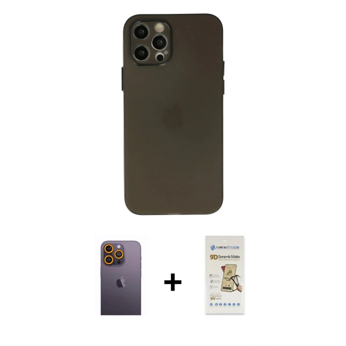 MARSİLYAN™- iPhone 12 Pro Max Kılıf Atlas Minimal Prime - Siyah Mat Seramik Nano Ekran Koruyucu + Neon Fosforlu Kamera Lens - SI