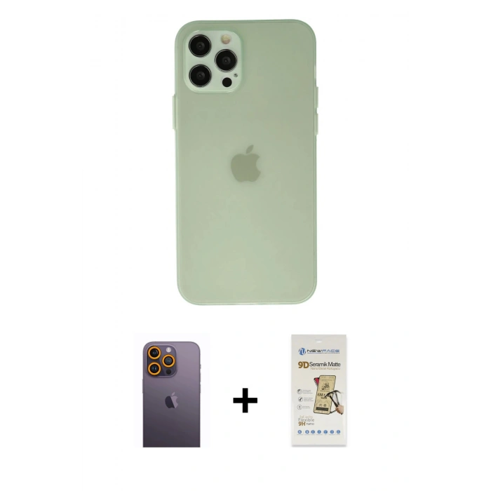 MARSİLYAN™- iPhone 12 Pro Max Kılıf Atlas Minimal Prime - Siyah Mat Seramik Nano Ekran Koruyucu + Neon Fosforlu Kamera Lens - SI