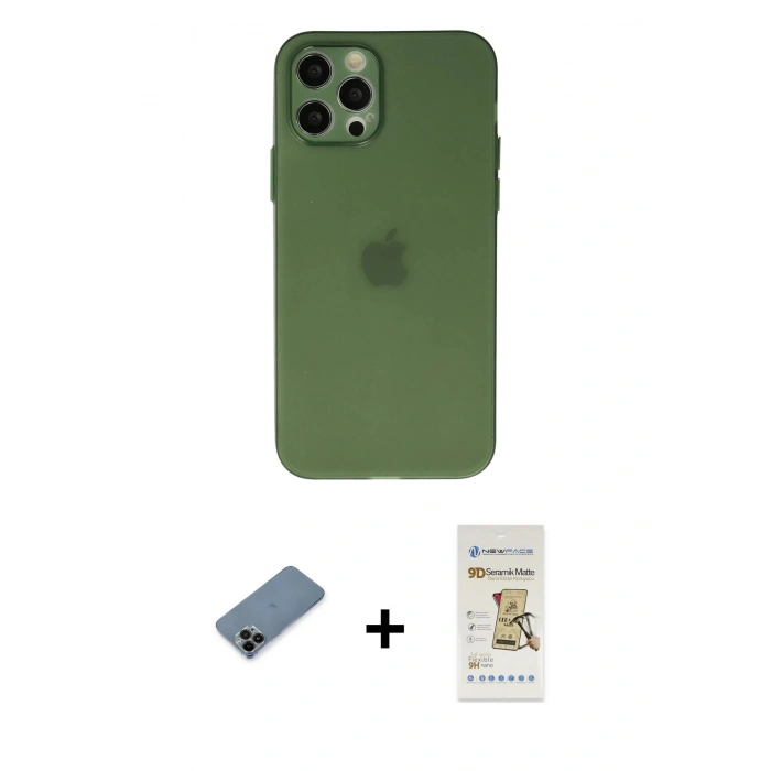 MARSİLYAN™- iPhone 12 Pro Max Kılıf Atlas Minimal Prime - Siyah Mat Seramik Nano Ekran Koruyucu + Shine Kamera Lens Koruma Cam - SH