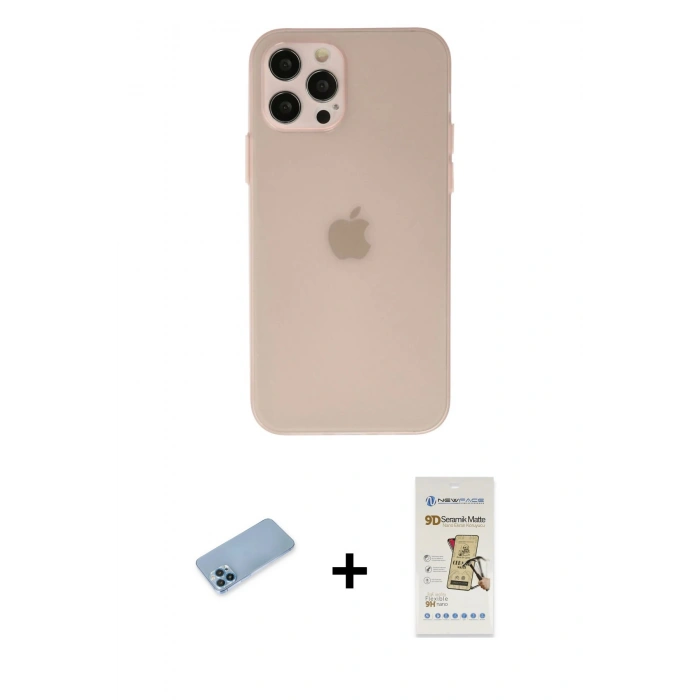 MARSİLYAN™- iPhone 12 Pro Max Kılıf Atlas Minimal Prime - Siyah Mat Seramik Nano Ekran Koruyucu + Shine Kamera Lens Koruma Cam - MI