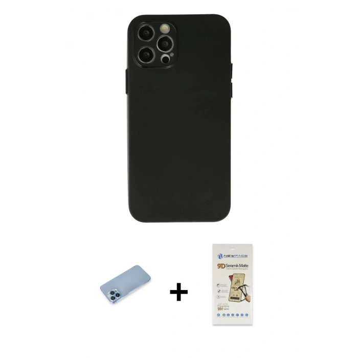 MARSİLYAN™- iPhone 12 Pro Max Kılıf Atlas Minimal Prime - Siyah Mat Seramik Nano Ekran Koruyucu + Shine Kamera Lens Koruma Cam - MI