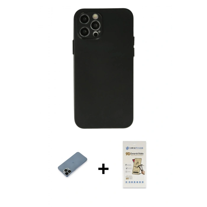 MARSİLYAN™- iPhone 12 Pro Max Kılıf Atlas Minimal Prime - Siyah Mat Seramik Nano Ekran Koruyucu + Shine Kamera Lens Koruma Cam - SH