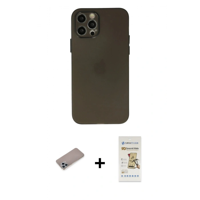 MARSİLYAN™- iPhone 12 Pro Max Kılıf Atlas Minimal Prime - Siyah Mat Seramik Nano Ekran Koruyucu + Sierra Blue Shine Kamera Lens Koruma Cam
