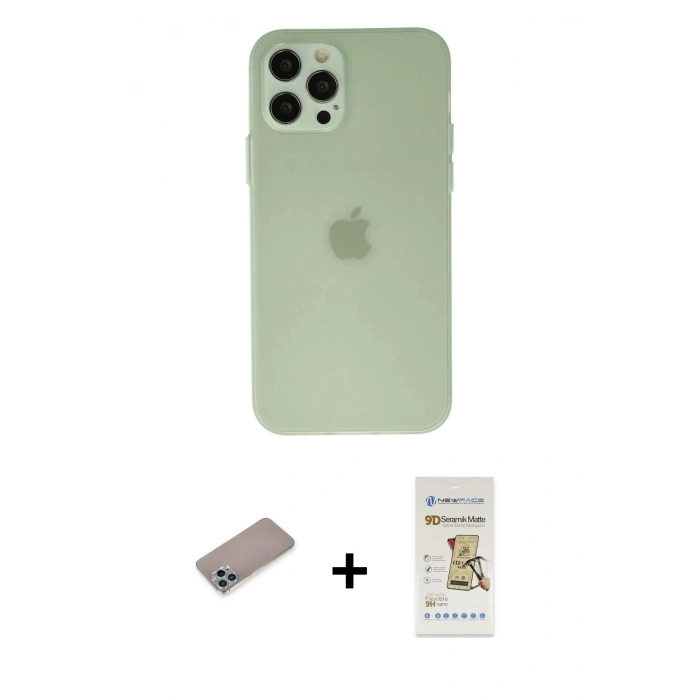 MARSİLYAN™- iPhone 12 Pro Max Kılıf Atlas Minimal Prime - Siyah Mat Seramik Nano Ekran Koruyucu + Sierra Blue Shine Kamera Lens Koruma Cam