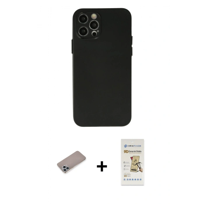 MARSİLYAN™- iPhone 12 Pro Max Kılıf Atlas Minimal Prime - Siyah Mat Seramik Nano Ekran Koruyucu + Sierra Blue Shine Kamera Lens Koruma Cam
