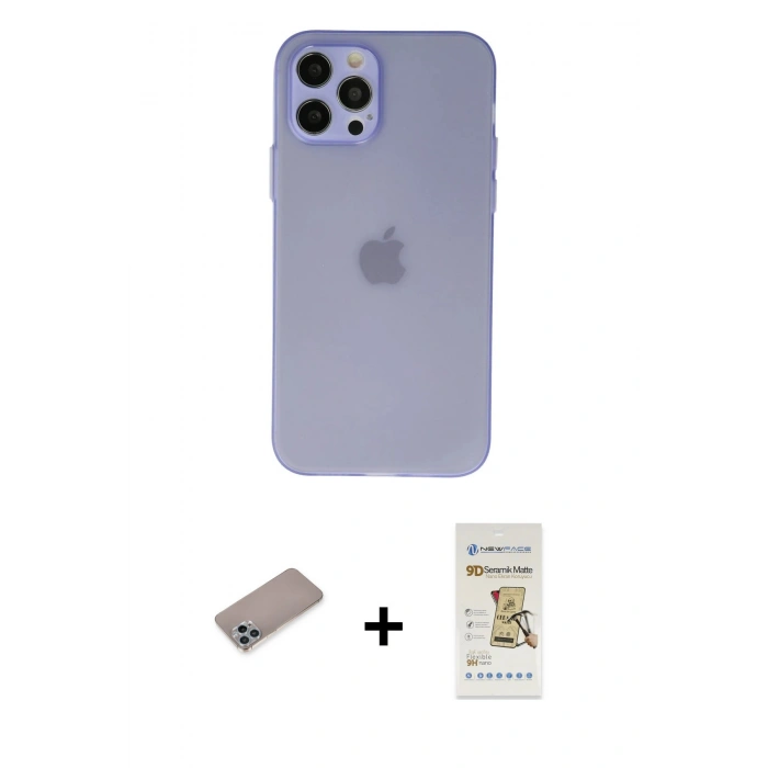 MARSİLYAN™- iPhone 12 Pro Max Kılıf Atlas Minimal Prime - Siyah Mat Seramik Nano Ekran Koruyucu + Sierra Blue Shine Kamera Lens Koruma Cam