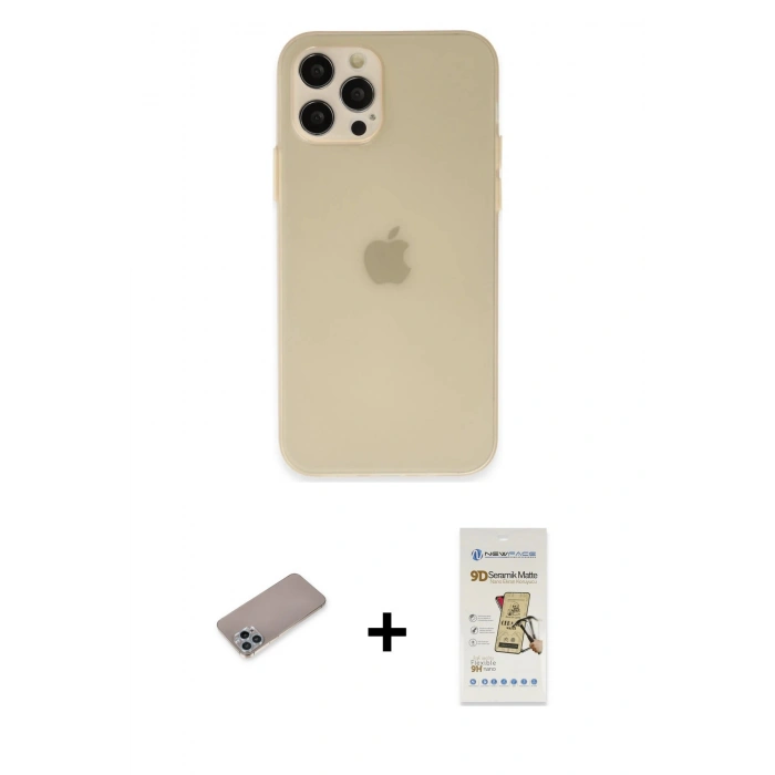 MARSİLYAN™- iPhone 12 Pro Max Kılıf Atlas Minimal Prime - Siyah Mat Seramik Nano Ekran Koruyucu + Sierra Blue Shine Kamera Lens Koruma Cam