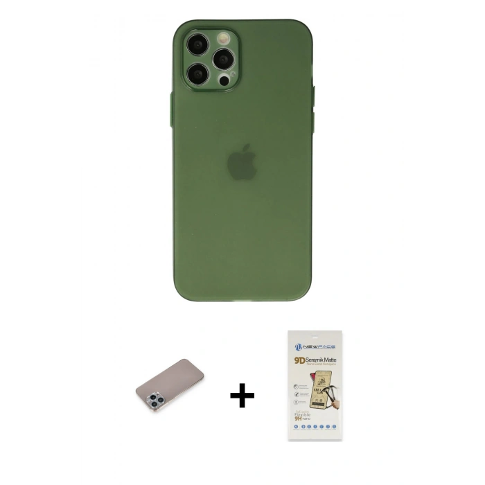MARSİLYAN™- iPhone 12 Pro Max Kılıf Atlas Minimal Prime - Siyah Mat Seramik Nano Ekran Koruyucu + Sierra Blue Shine Kamera Lens Koruma Cam